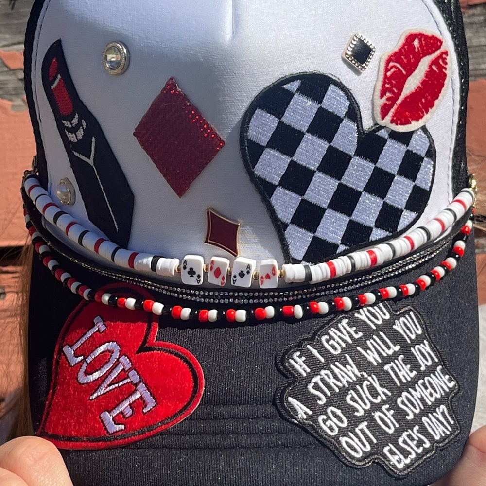 Trendy Black and White Embellished Snap-back Trucker Hat